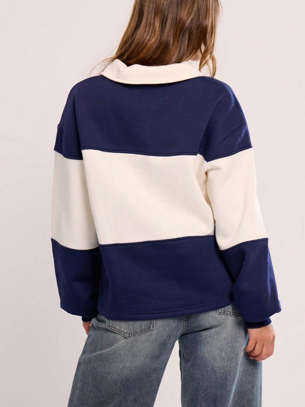 Navy Blue Casual Women's Striped Jersey Sweatshirt - Picture 3 of 5